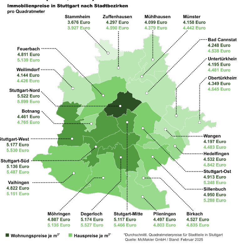 Karte der Immobilienpreise pro Quadratmeter in Stuttgart nach Stadtbezirken.